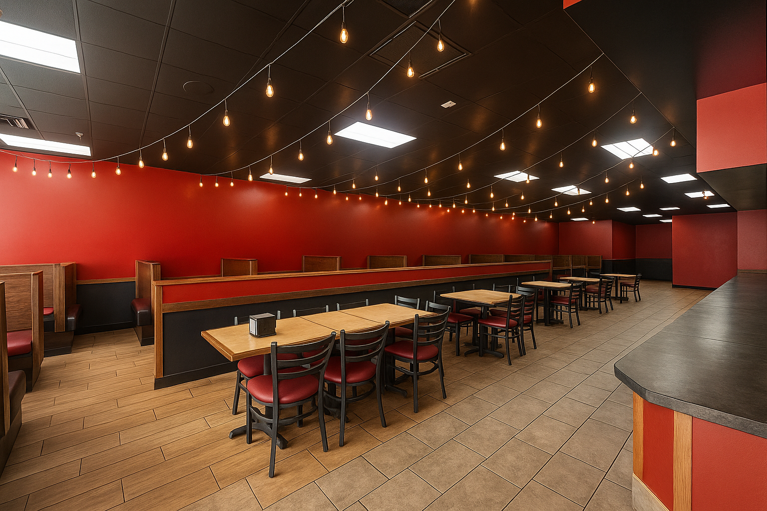 Habanero Grill interior dining area with red walls and string lights