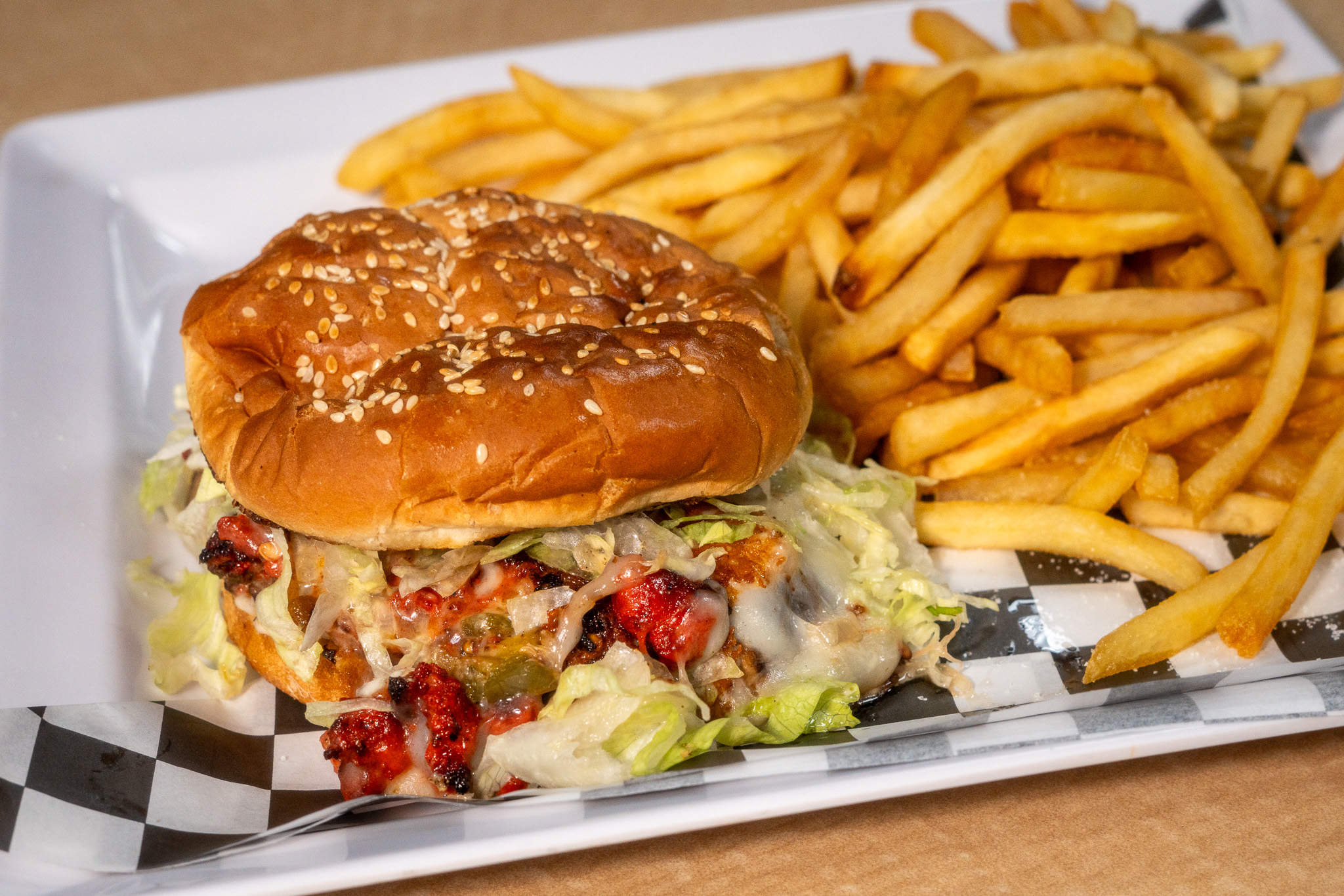 Queso Fundido Burger with fries